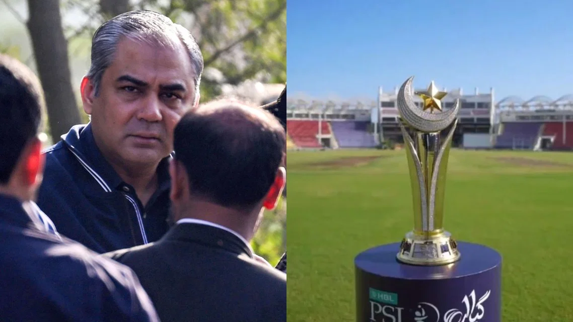 Mohsin Naqvi with PSL Trophy. Image Credits: AFP