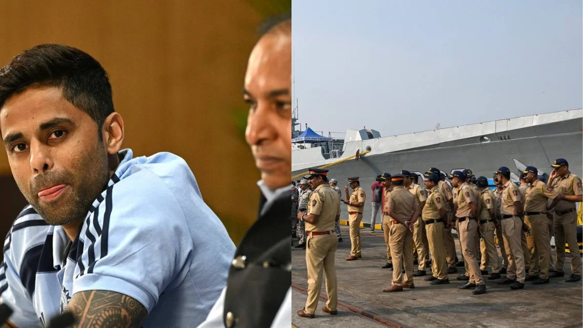 India Captain Suryakumar Yadav BCCI Secretary Devajit Saikia with Mumbai Police. Image Credits: AFP