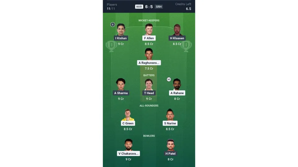 KKR vs SRH, IPL 2026: Dream11 Team 1 [Source: @Dream11 App]