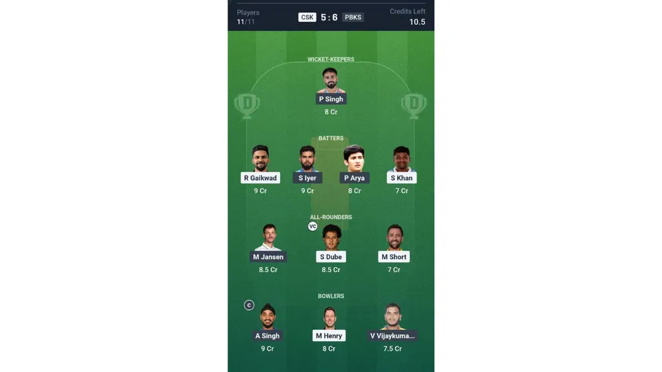 CSK Vs PBKS, IPL 2026: Dream11 Team 1 [Source: @Dream11 App]
