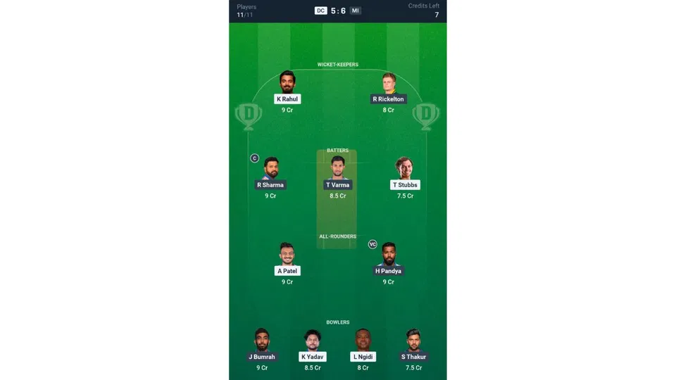 DC vs MI, IPL 2026: Dream11 Team 1 [Source: @Dream11 App]