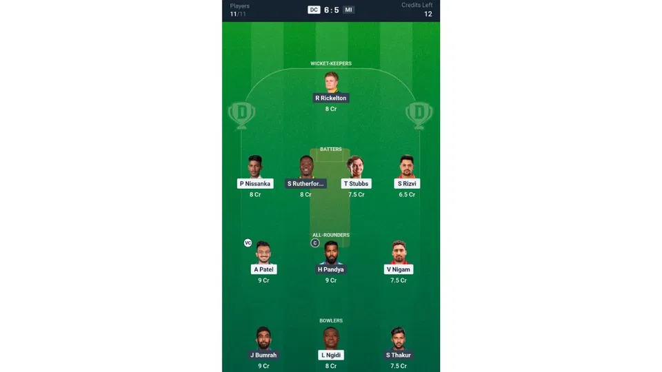 DC vs MI, IPL 2026: Dream11 Team 2 [Source: @Dream11 App]