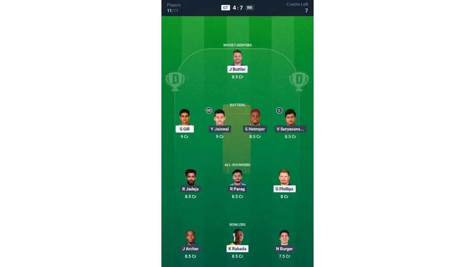 GT vs RR, IPL 2026: Dream11 Team 1 [Source: @Dream11 App]