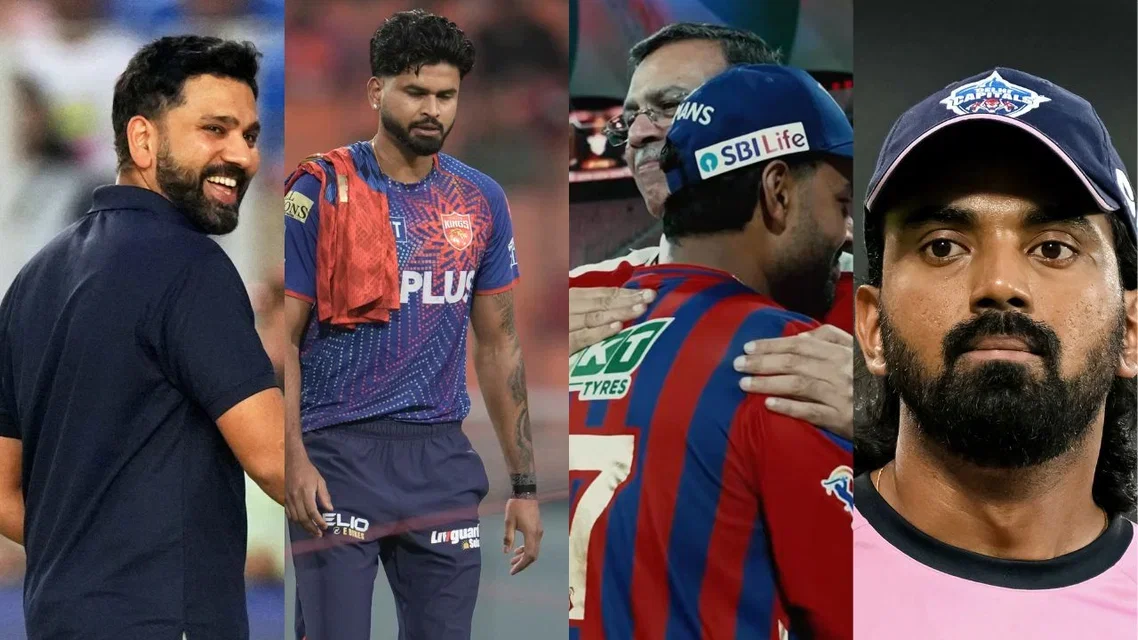 Rohit Sharma Shreyas Iyer Rishabh Pant KL Rahul Sanjiv Goenka. Image Credits: AFP/AP/LSG