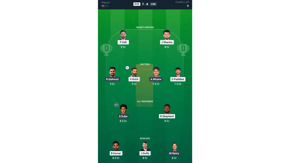 RCB vs CSK, IPL 2026: Dream11 Team 1 [Source: @Dream11 App]