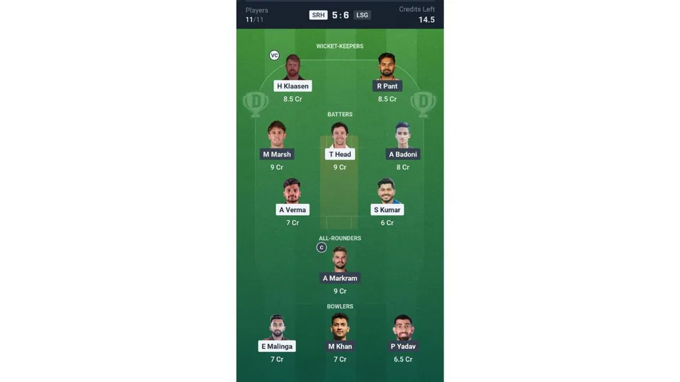 SRH Vs LSG Dream11 prediction team 2 [Source: Dream11 App]