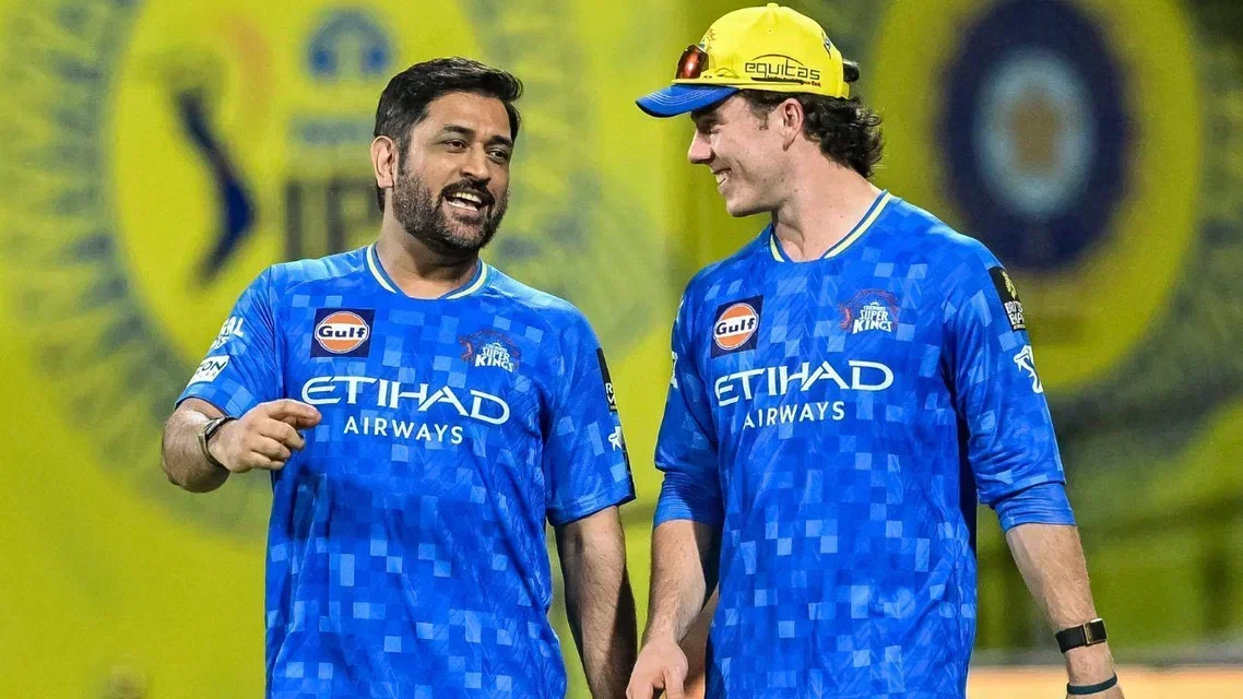 Dewald Brevis and MS Dhoni - (Source: AFP)&nbsp;