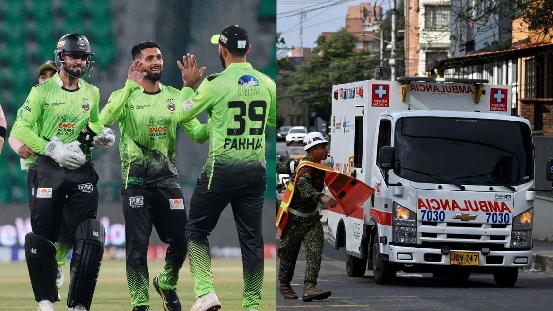 Lahore Qalandars cricket team and an ambulance [Source: AP and AFP]