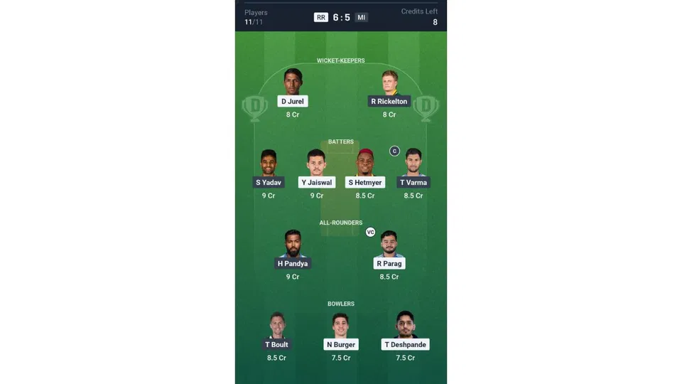 RR Vs MI Dream11 prediction team 1 [Source: CREX]