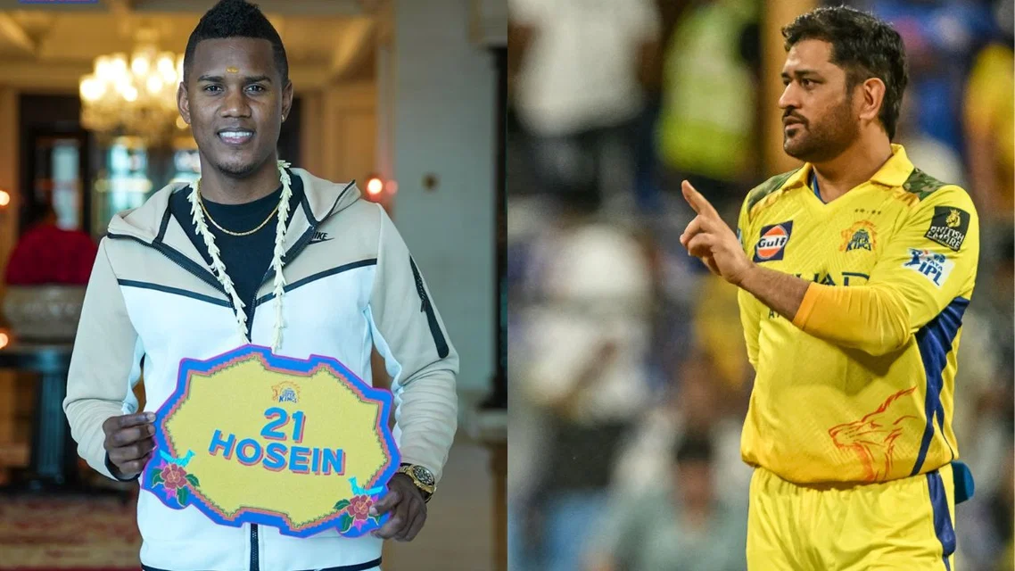 Akeal Hosein MS Dhoni for CSK. Image Credits: CSK/AFP