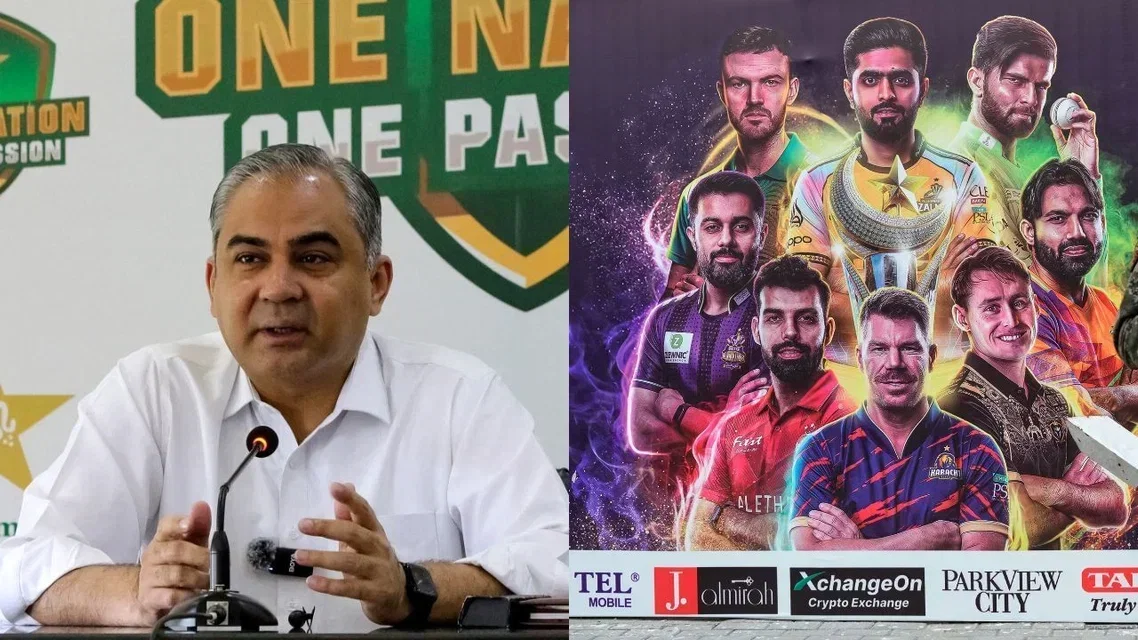 Mohsin Naqvi for PCB and PSL Captains Poster. Image Credits: AFP/AP