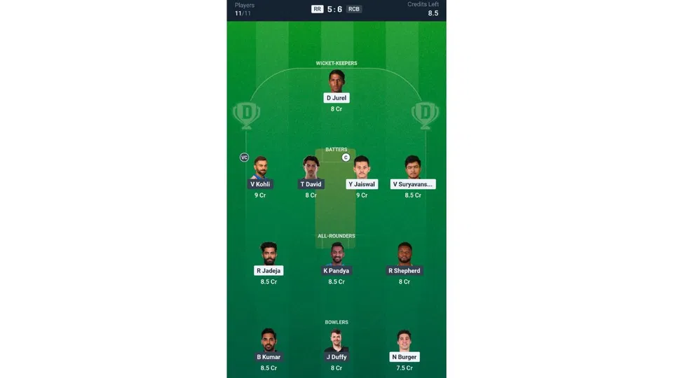RR vs RCB, IPL 2026: Dream11 Team 1 [Source: @Dream11 App]