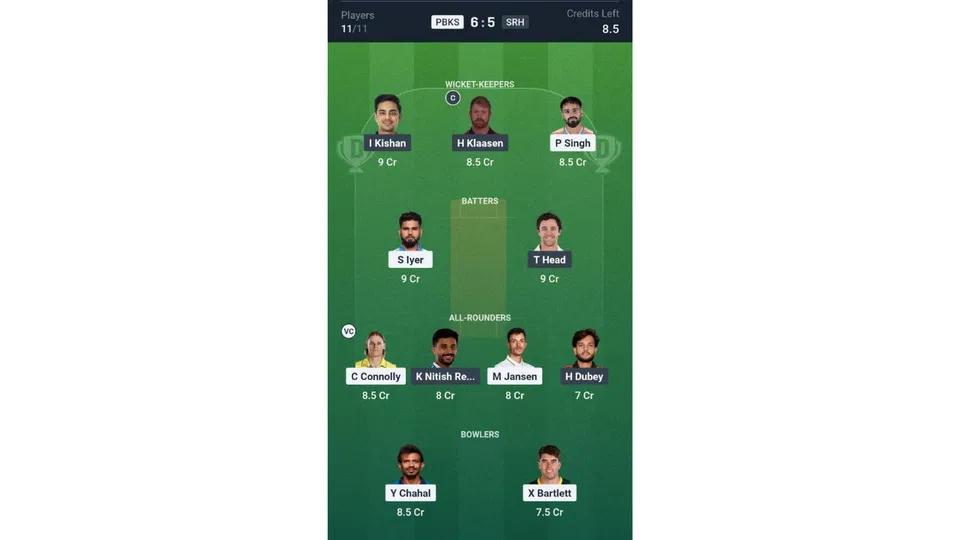 PBKS Vs SRH Dream11 prediction team 1 [Source: Dream11 app]