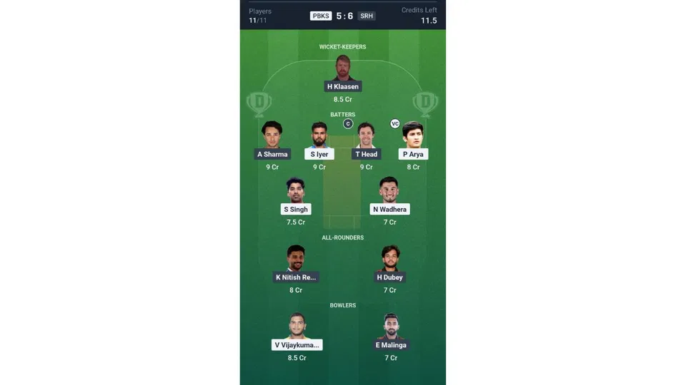 PBKS Vs SRH Dream11 prediction team 2 [Source: Dream11 app]