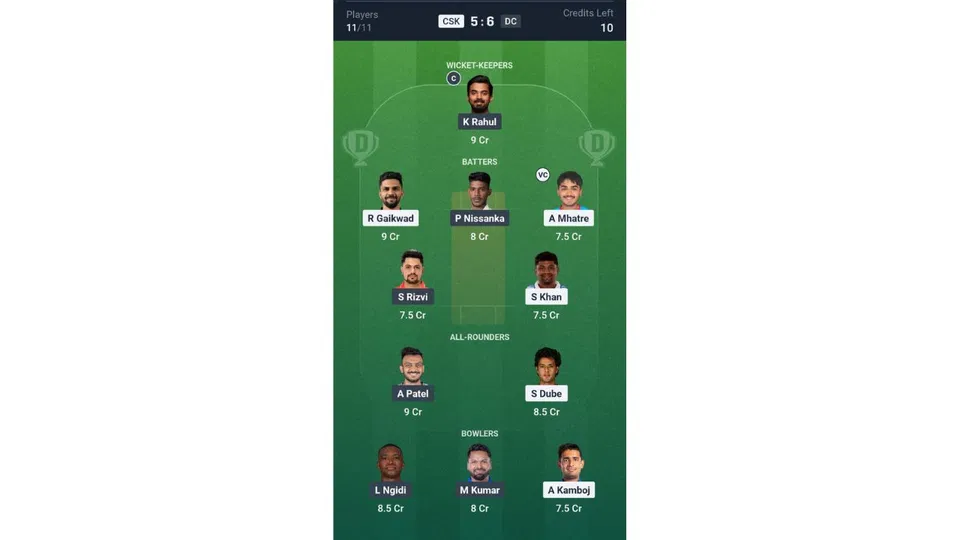 CSK vs DC Dream11 prediction team 1 [Source: CREX]