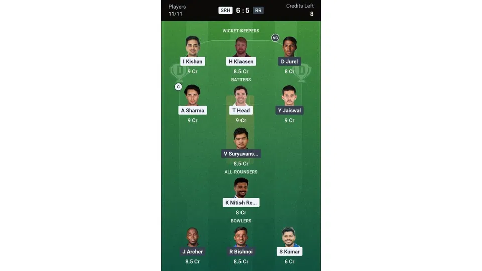 SRH vs RR Dream11 prediction team 1 [Source: CREX]