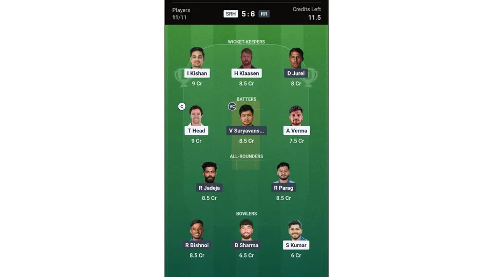 SRH vs RR Dream11 prediction team 2 [Source: CREX]