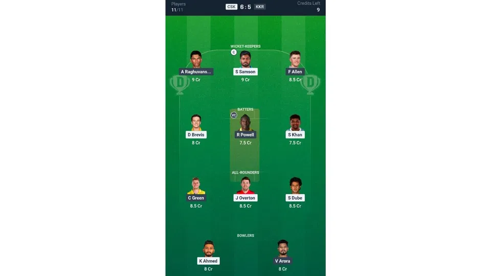 CSK vs KKR, IPL 2026: Dream11 Team 2 [Source: @Dream11 App]