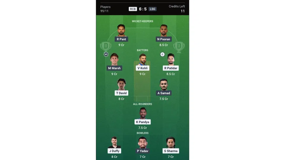 RCB Vs LSG Dream11 team 2 [Source: Dream11 app]