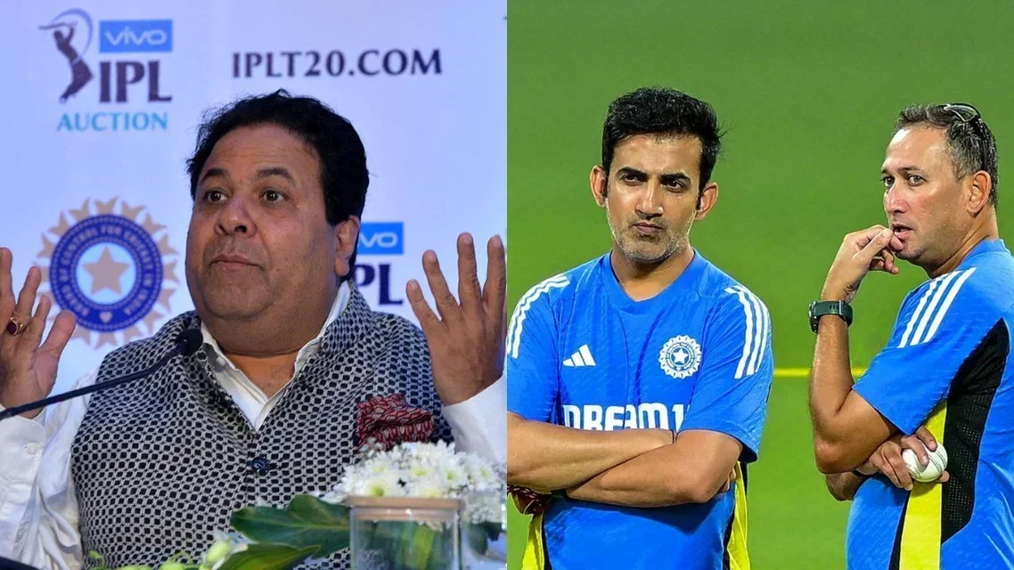 Rajeev Shukla Gautam Gambhir Ajit Agarkar. Image Credits: AFP