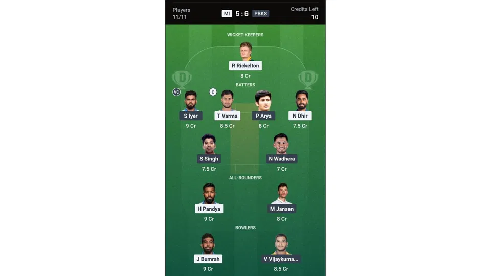 MI Vs PBKS Dream11 team 2 [Source: Dream11 app]