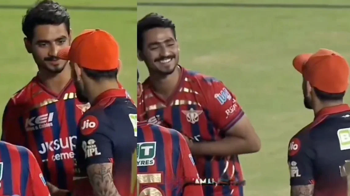 Virat Kohli with LSG's Naman Tiwari in IPL 2026. PC - x.com/@TheeDefender