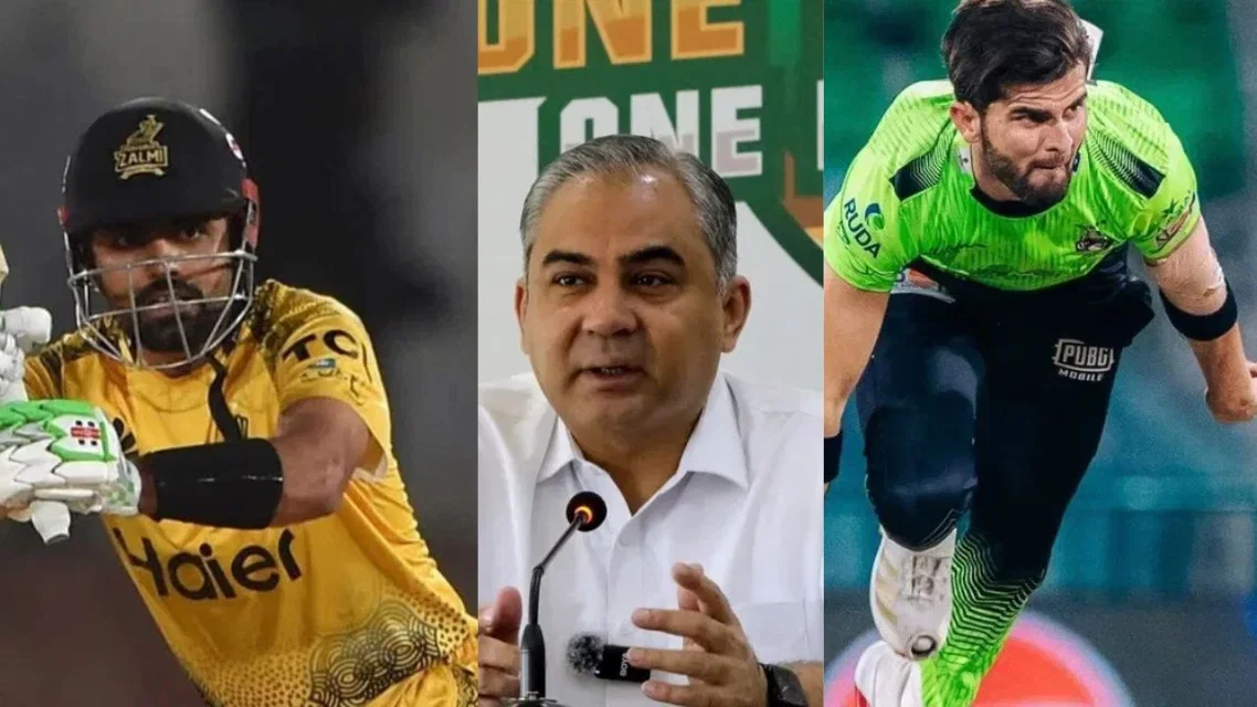 Babar Azam, Mohsin Naqvi and Shaheen Afridi (Source: AP and AFP)