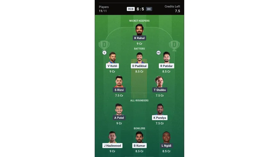 RCB Vs DC Dream11 team 1 [Source: Dream11 app]