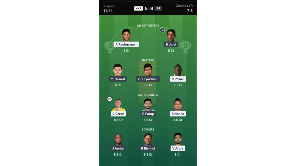 KKR Vs RR Dream11 prediction team 1 [Source: Dream11 app]
