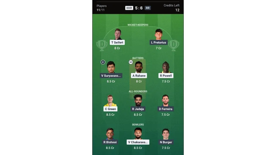 KKR Vs RR Dream11 prediction team 2 [Source: Dream11 app]