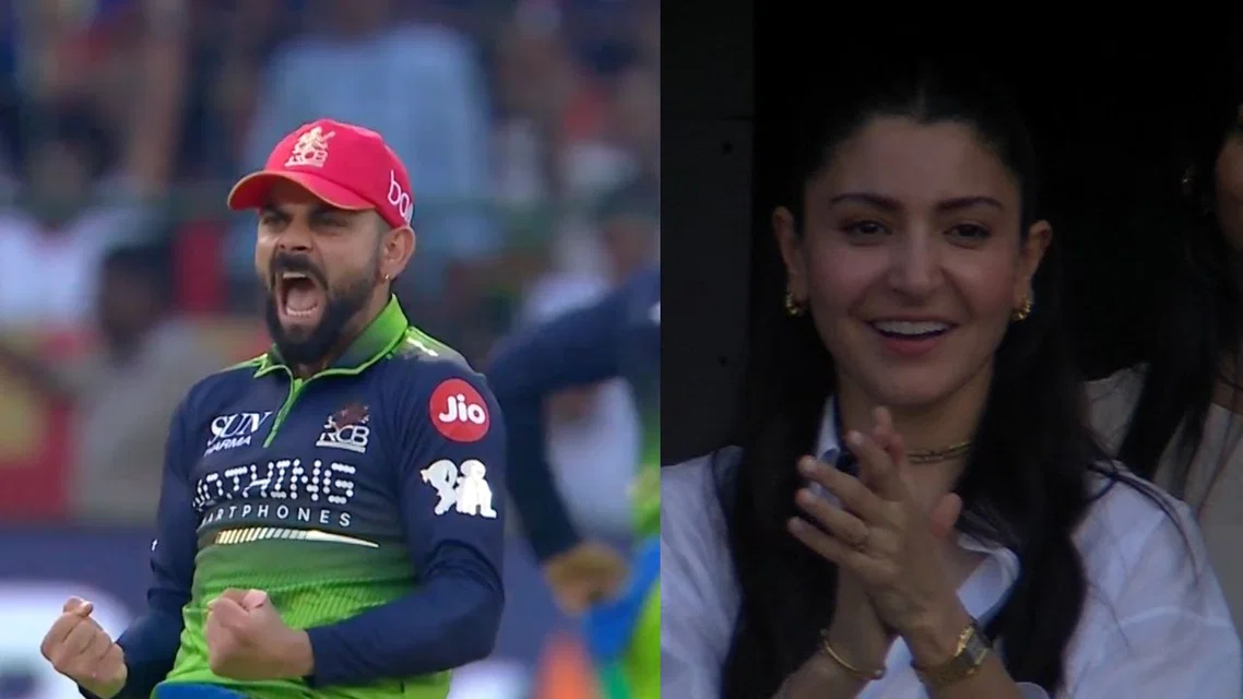 Anushka, Virat celebrate Salt's incredible catch [Source: Screengrab/JioHotstar]
