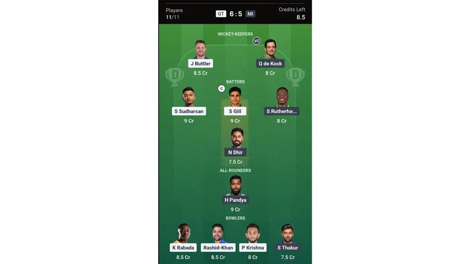 GT Vs MI Dream11 prediction team 1 [Source: Dream11 App]