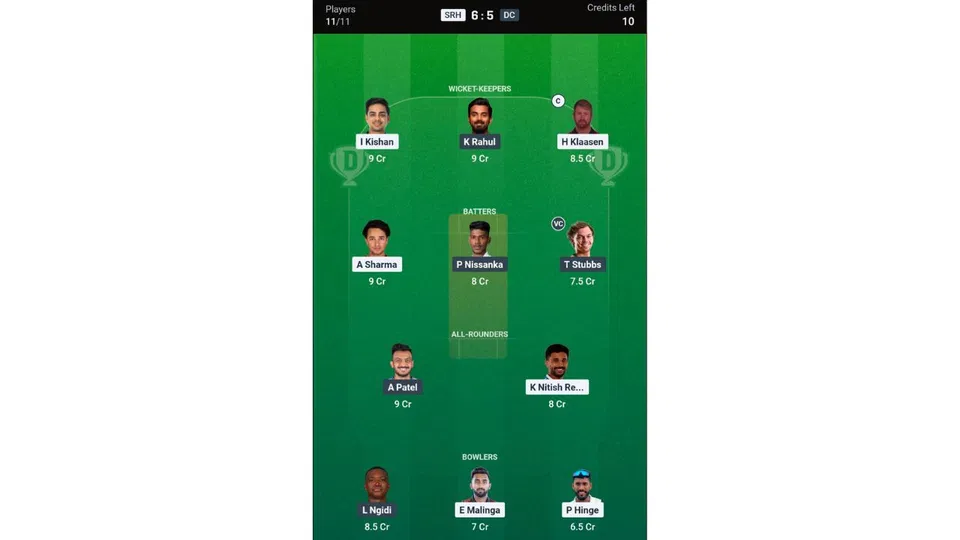 SRH vs DC, IPL 2026: Dream11 Team 1 [Source: @Dream11 App]