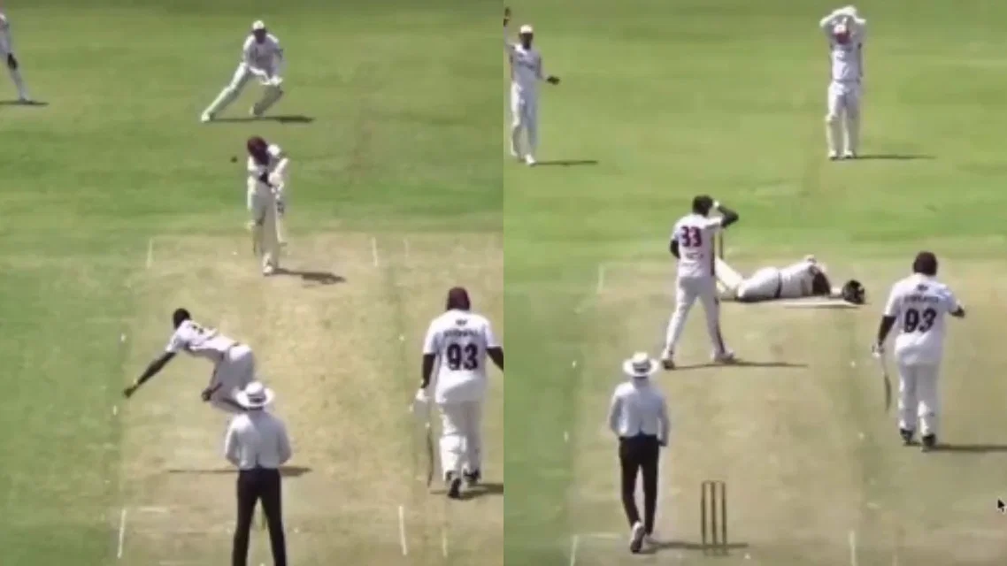West Indies batter on the ground after getting hit [Source: X]