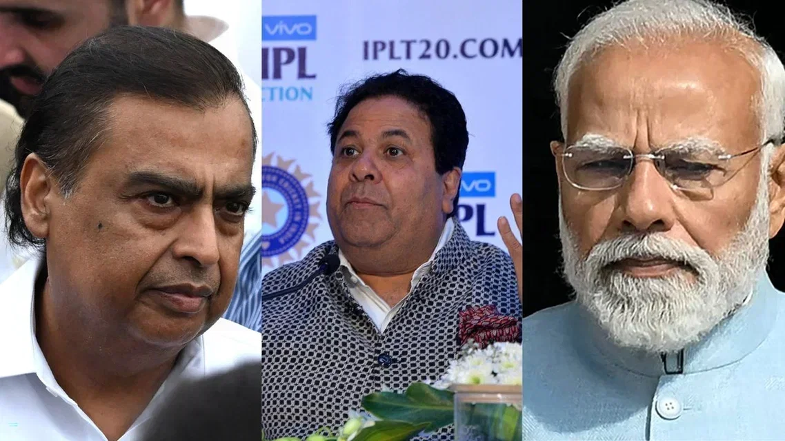 Mukesh Ambani Rajeev Shukla Narendra Modi. Image Credits: AFP