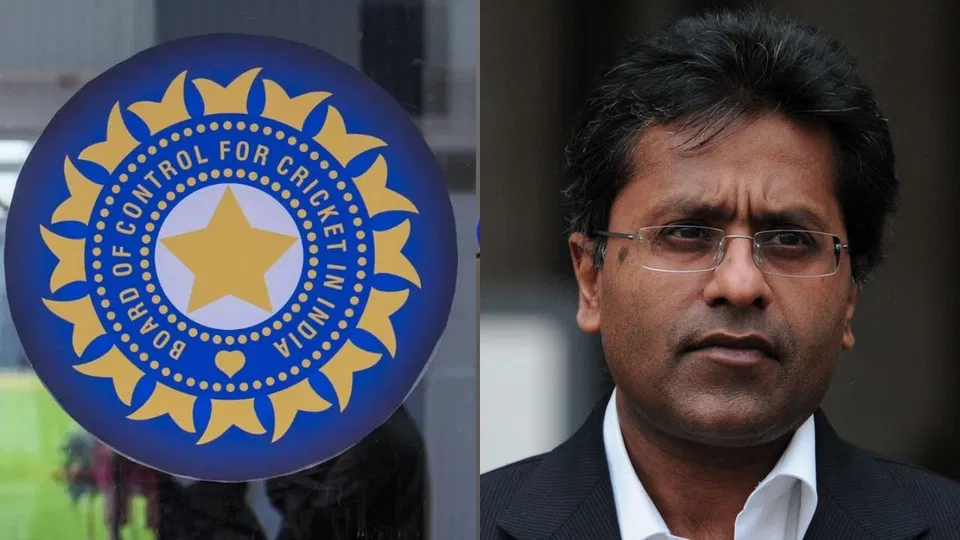 बीसीसीआई का लोगो और ललित मोदी [स्रोत: बीसीसीआई का आधिकारिक सोशल मीडिया हैंडल और एएफपी]