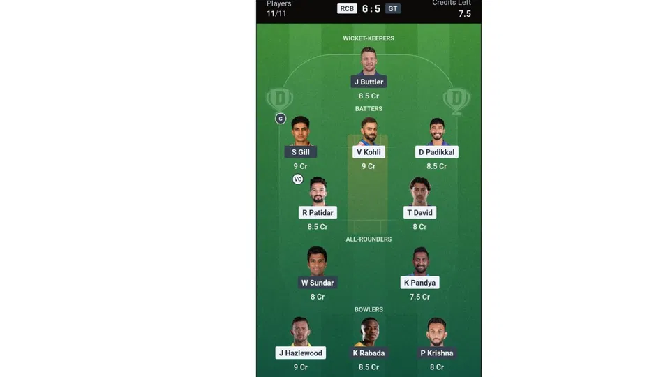 RCB Vs GT Dream11 prediction team 1 [Source: Dream11 App]