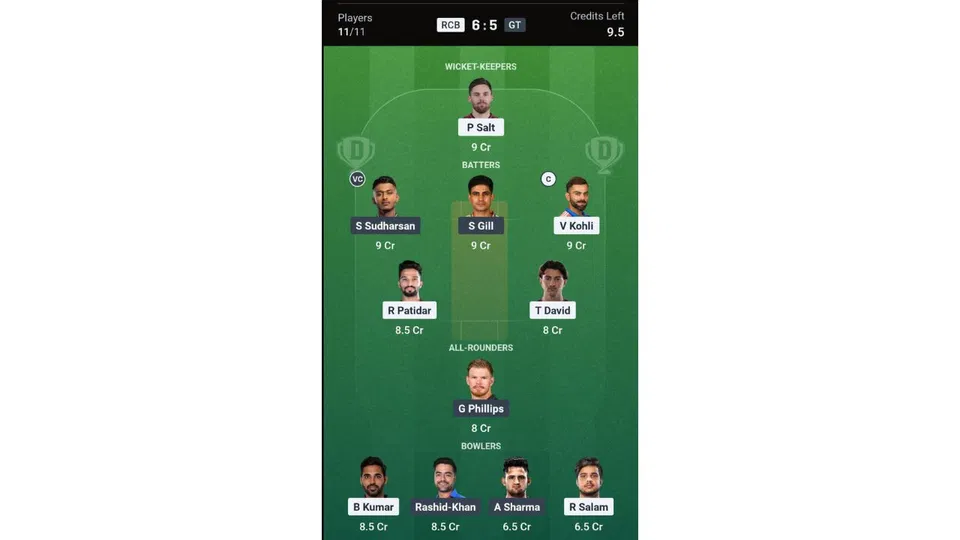 RCB Vs GT Dream11 prediction team 1 [Source: Dream11 App]