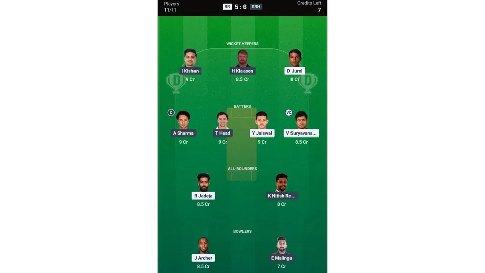 RR vs SRH, IPL 2026: Dream11 Team 1 [Source: @Dream11 App]