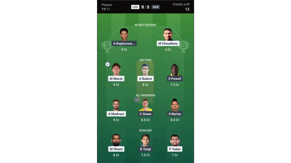 LSG Vs KKR Dream11 team 1 [Source: Dream11 app]