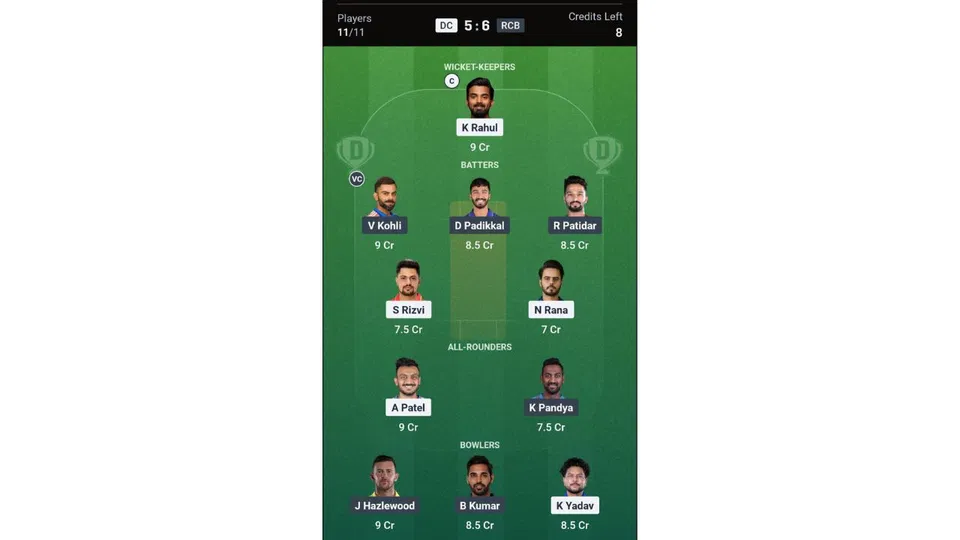 DC Vs RCB Dream11 prediction team 1 [Source: CREX]