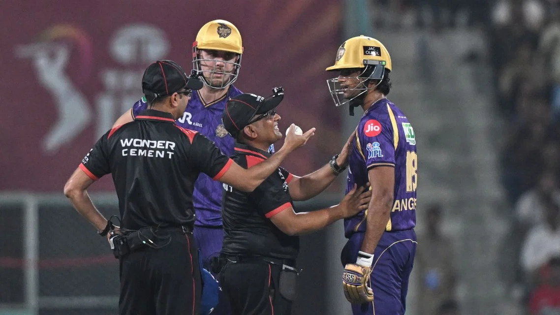 Angkrish Raghuvanshi given out for obstructing the field vs LSG [Source: AP]