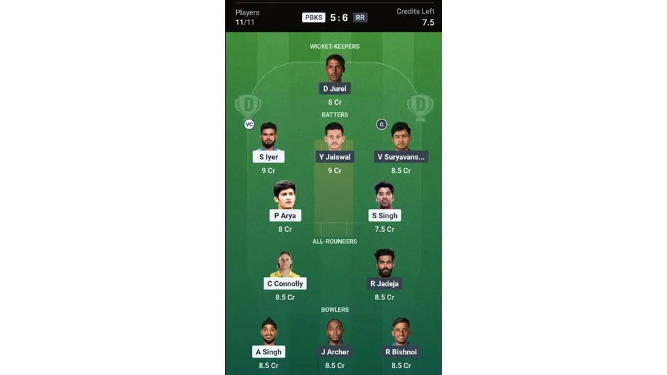 PBKS Vs RR Dream11 prediction team 1 [Source: Dream11 app]