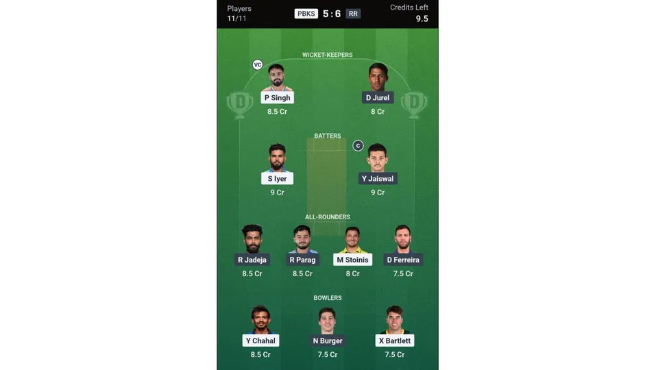 PBKS Vs RR Dream11 prediction team 2 [Source: Dream11 app]
