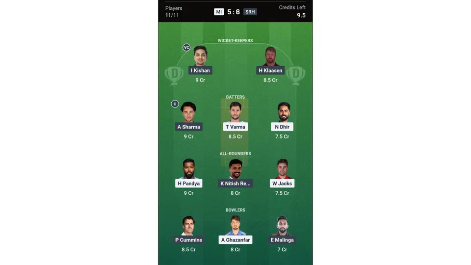 MI Vs SRH Dream11 prediction team 1 [Source: Dream11 app]