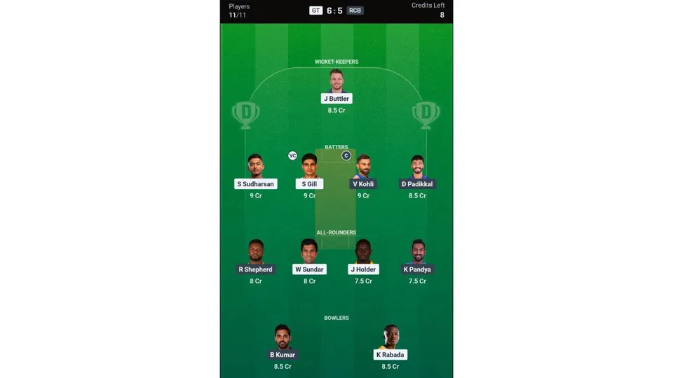 GT vs RCB, IPL 2026: Dream11 Team 1 [Source: @Dream11 App]
