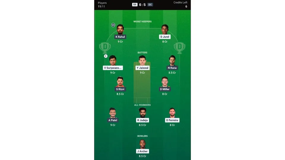 RR vs DC, IPL 2026: Dream11 Team 1 [Source: @Dream11 App]