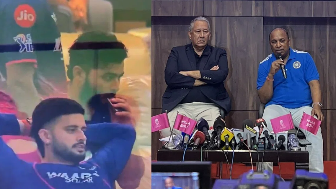 Riyan Parag, His uncle Ranjit Barthakur with BCCI Secretary Devajit Saikia (Image source: X/@assamcric & @TrueVector33)