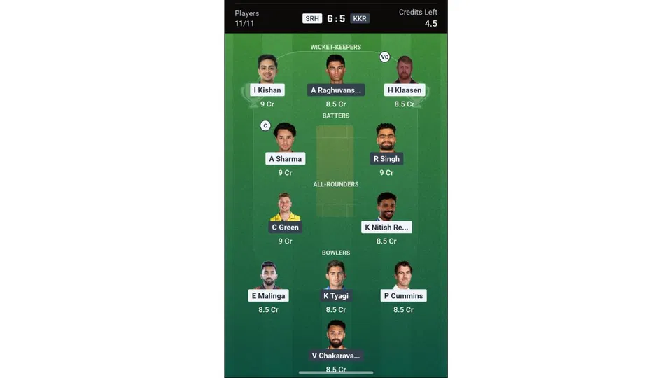 SRH Vs KKR Dream11 prediction team 1 [Source: Dream11 app]
