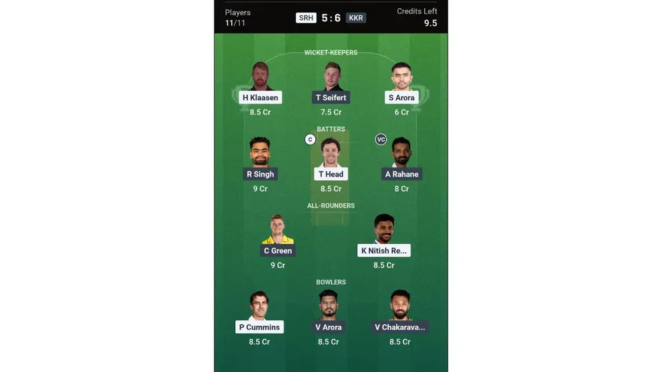 SRH Vs KKR Dream11 prediction team 2 [Source: Dream11 app]